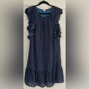 J. Crew Navy and White Polka Dot Dress with Ruffles